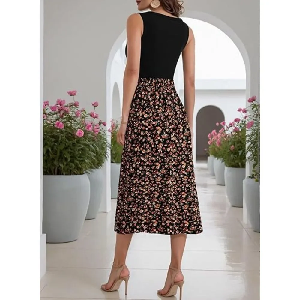 Sleeveless Tank,Boho Tie Knot Elastic Waist Midi Skirt Set, SMALL, 7O-151SET001 - Picture 2 of 2